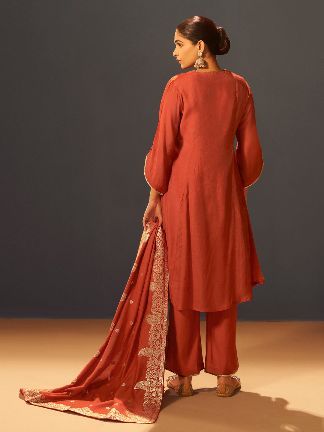 Rust Red Chanderi Silk Suit Set with Banarasi Dupatta