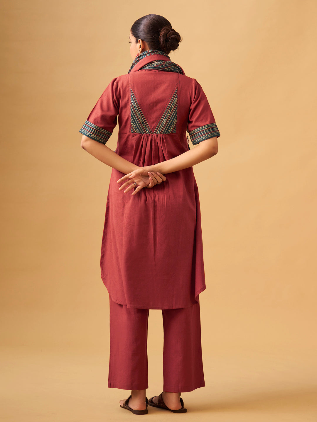 Cotton Kurta Set with Contrast Detailing & Tassel Scarf