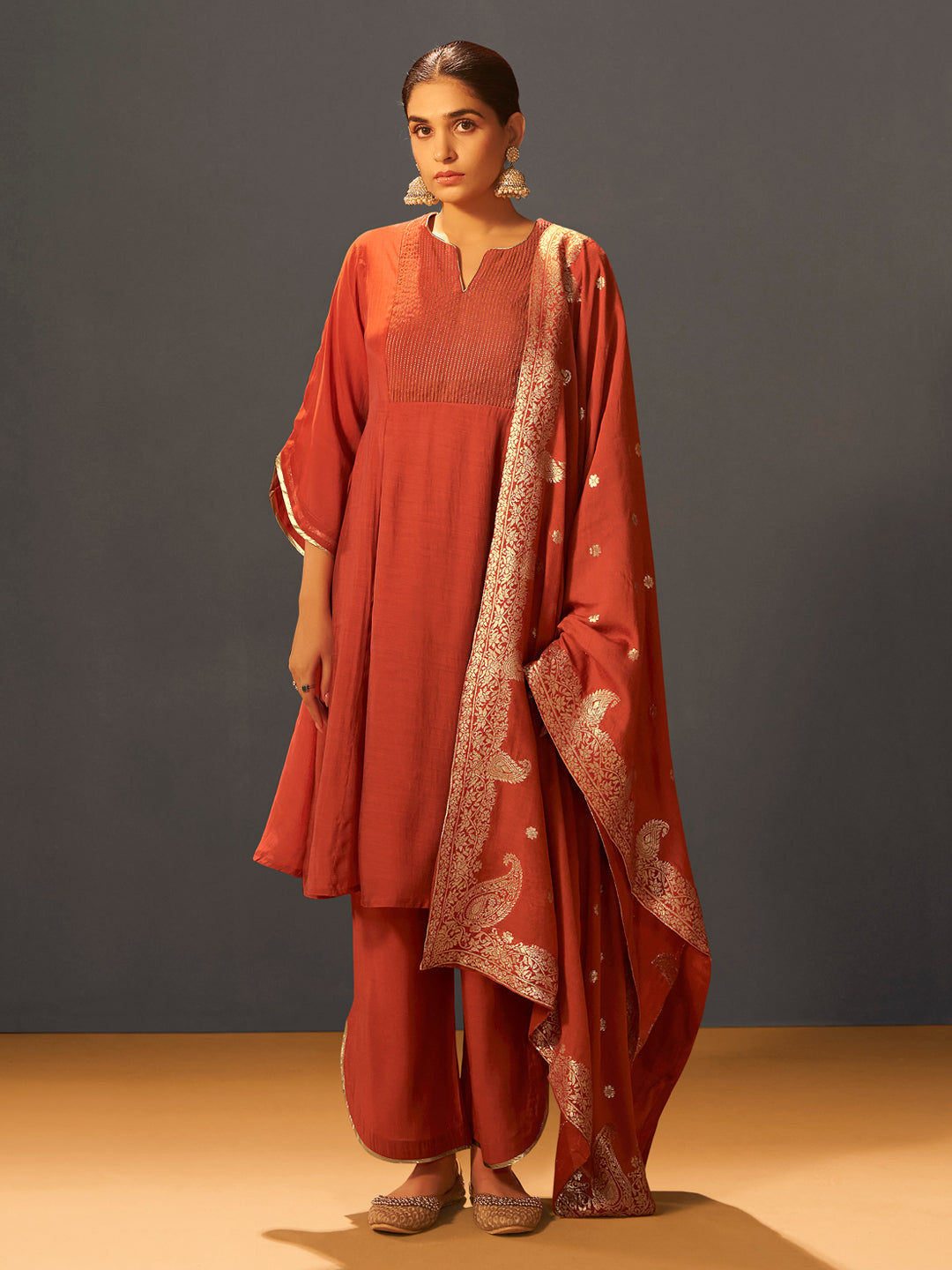 Rust Red Chanderi Silk Suit Set with Banarasi Dupatta