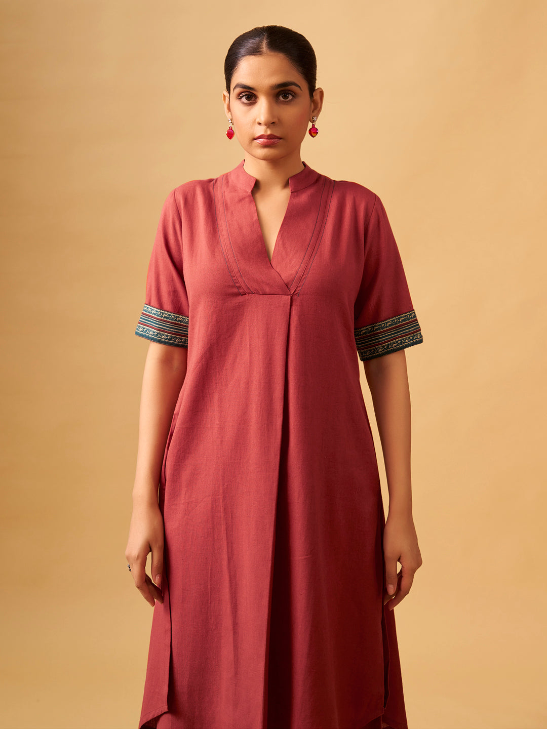 Cotton Kurta Set with Contrast Detailing & Tassel Scarf