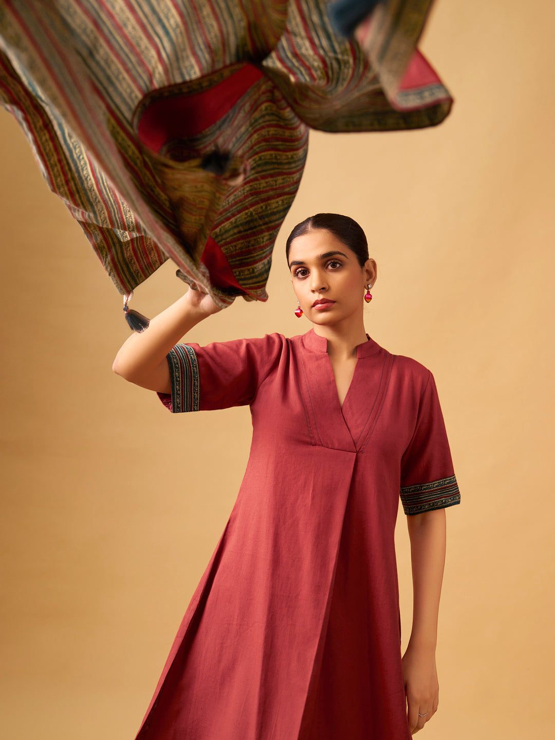 Cotton Kurta Set with Contrast Detailing & Tassel Scarf