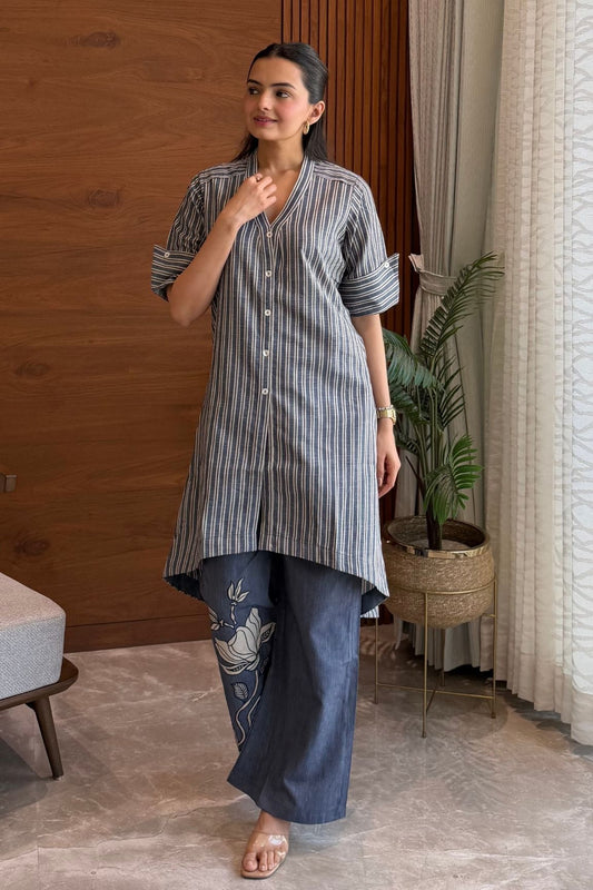 Blue Striped Embroidered Cotton Kurta Set