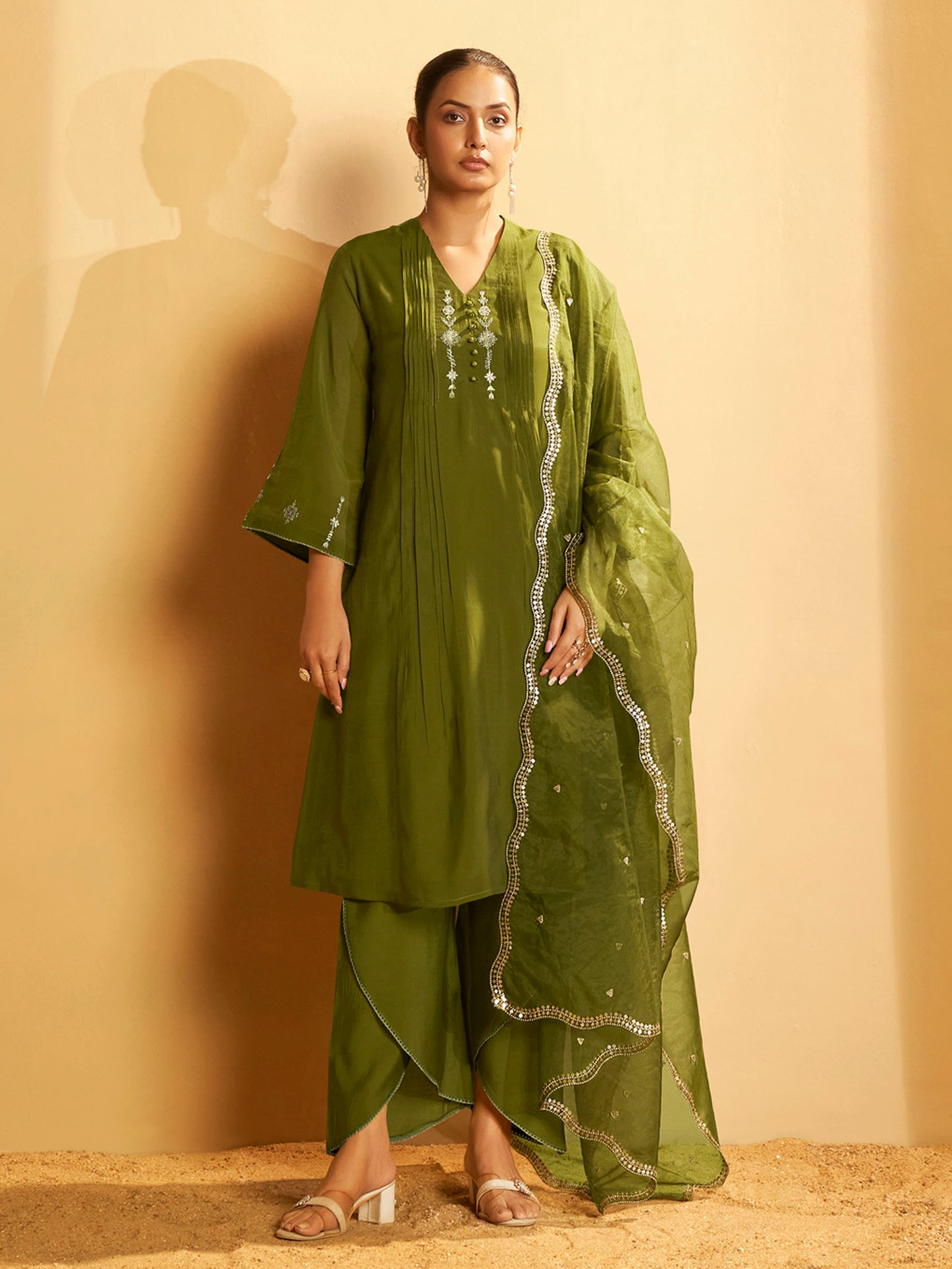 Olive Green Embroidered Suit Set with Dupatta