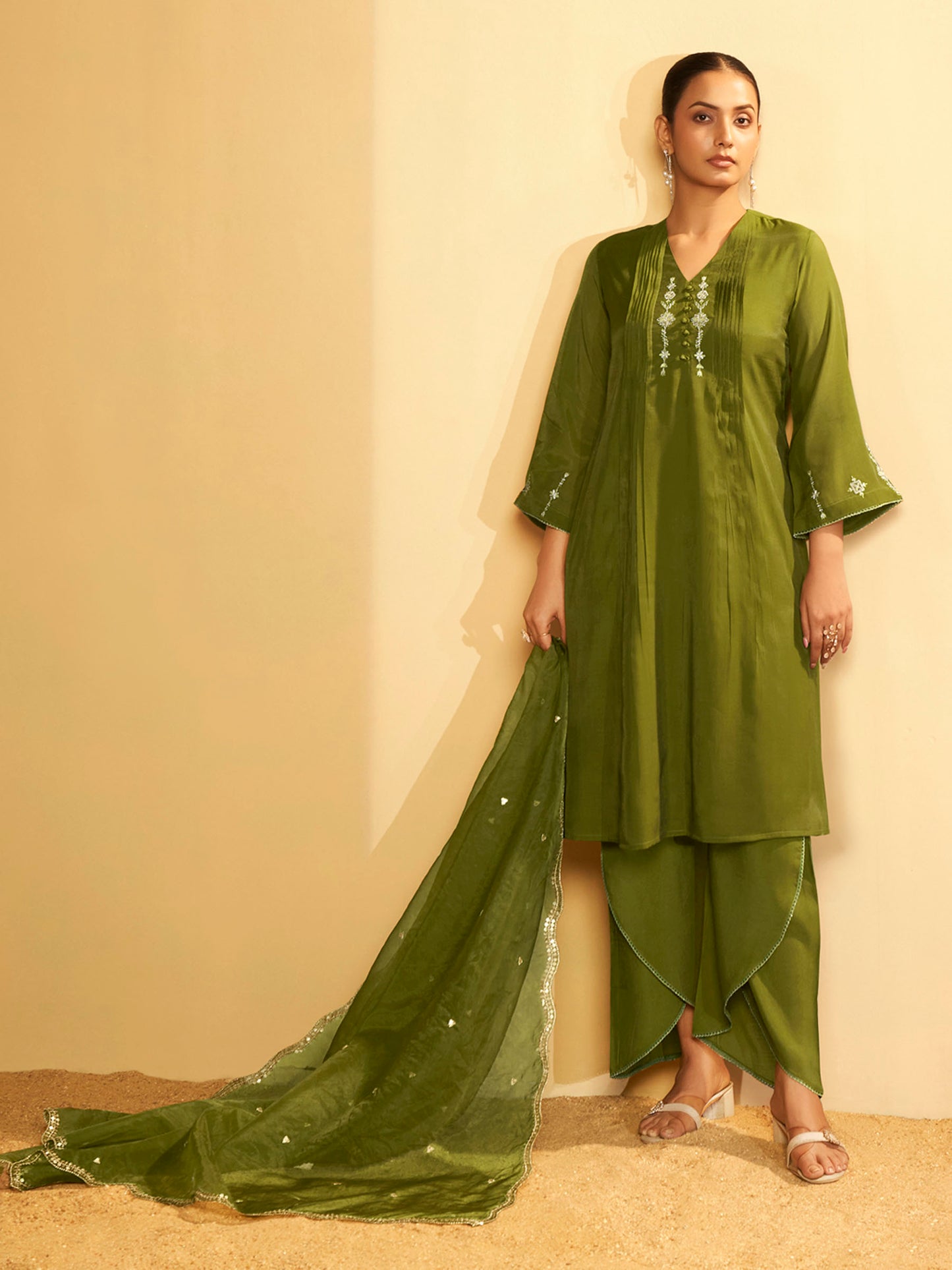 Olive Green Embroidered Suit Set with Dupatta