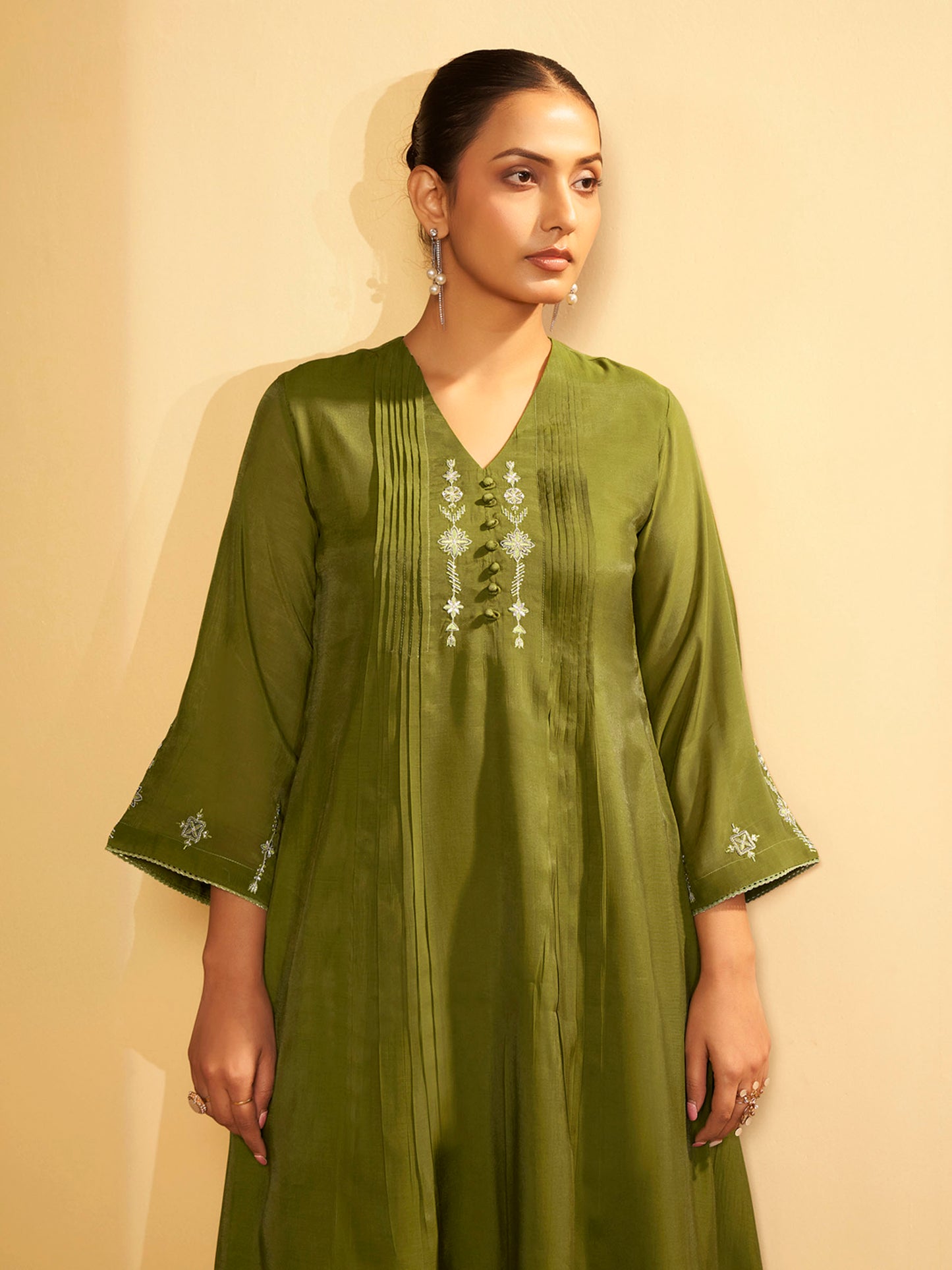 Olive Green Embroidered Suit Set with Dupatta