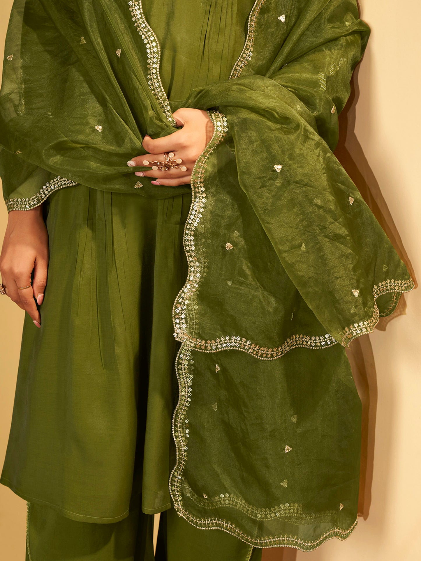 Olive Green Embroidered Suit Set with Dupatta