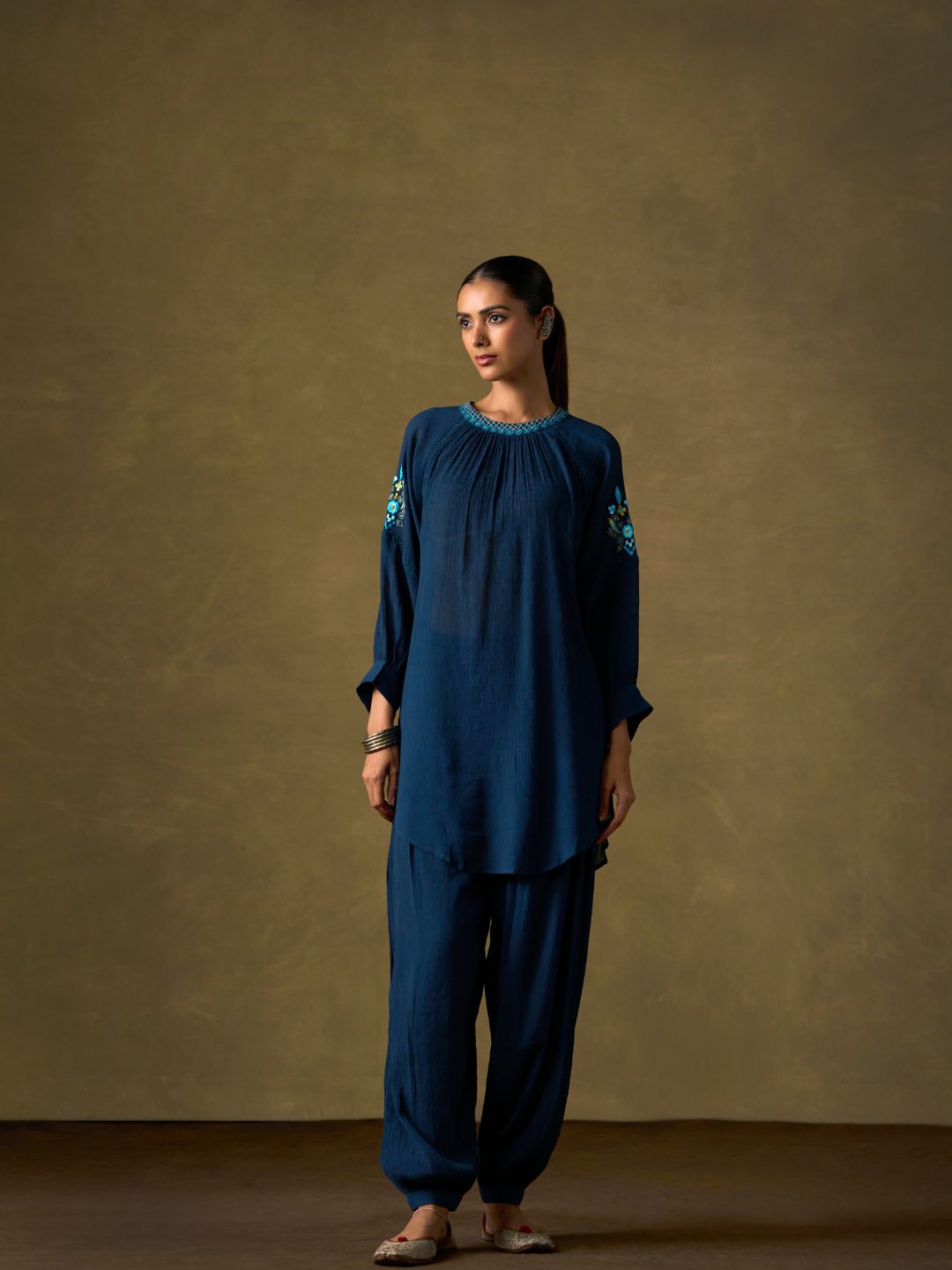 Indigo Embroidered Co-ord Set with Dhoti Pants