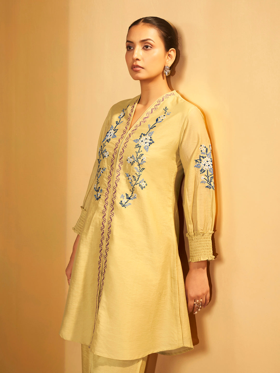Yellow Floral Embroidered Cotton Kurta Set