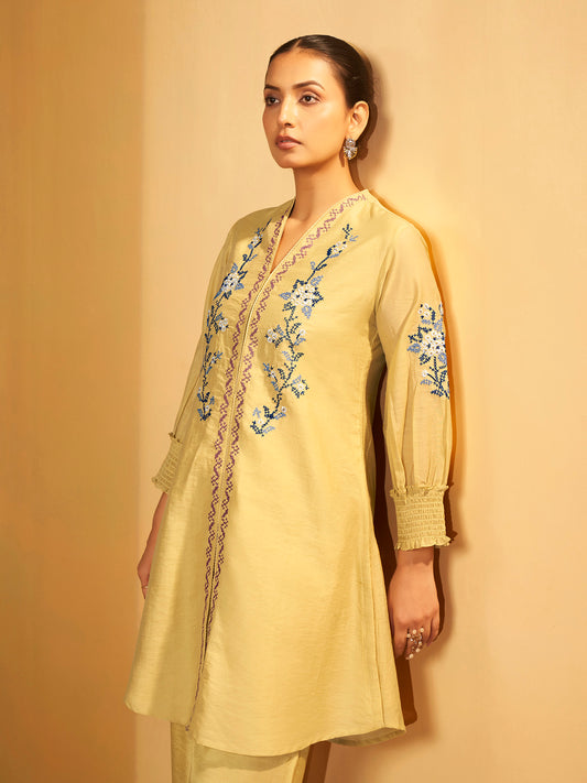 Yellow Floral Embroidered Cotton Kurta Set