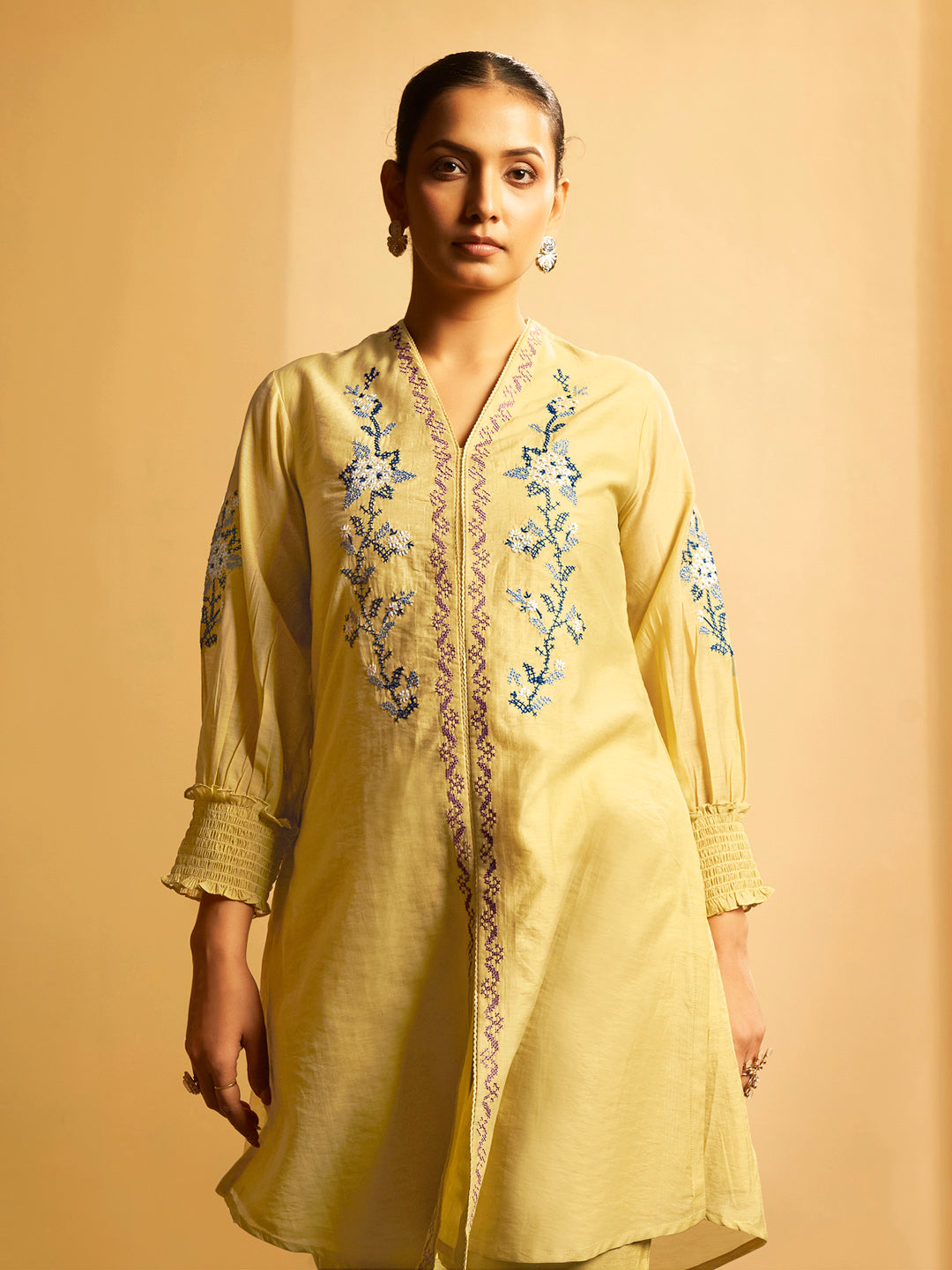 Yellow Floral Embroidered Cotton Kurta Set