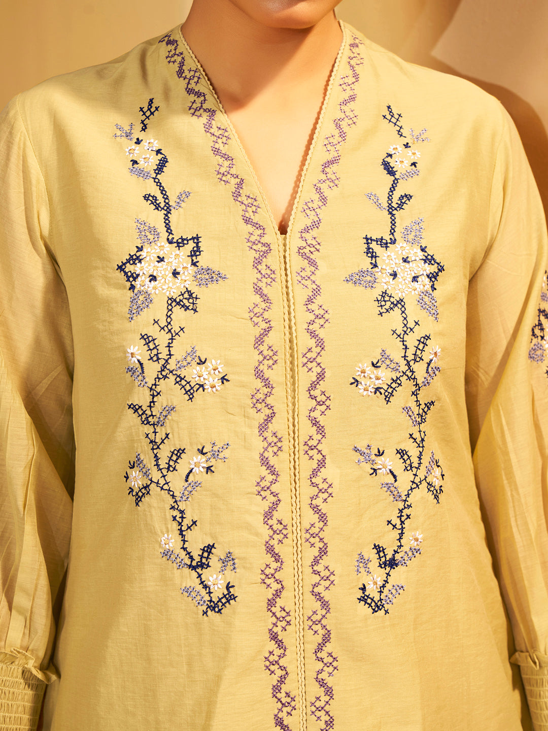 Yellow Floral Embroidered Cotton Kurta Set