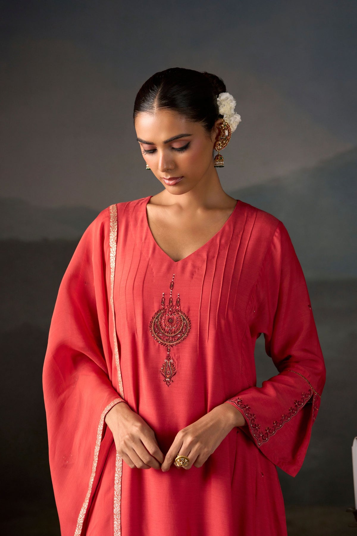 Chandbali Coral Embroidered Anarkali Suit Set with Dupatta