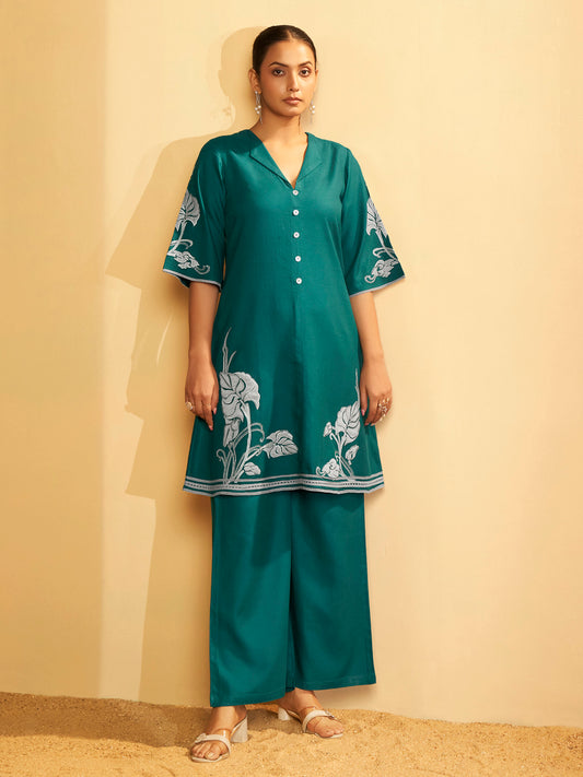 Emerald Green Floral Embroidered Cotton Kurta Set
