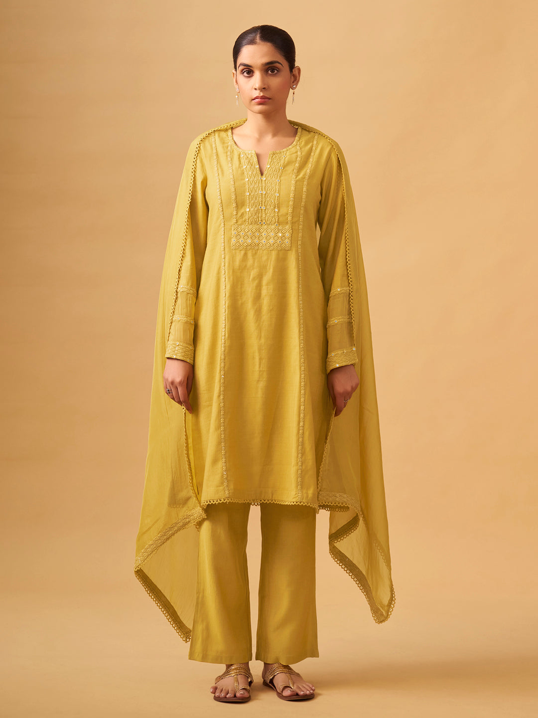 Sunlit Mustard Viscose Blend Kurta Set with Sheer Organza Dupatta