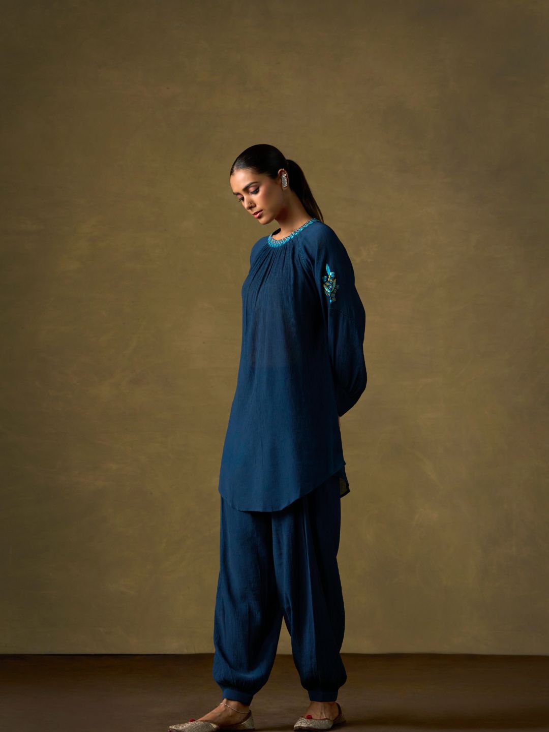 Indigo Embroidered Co-ord Set with Dhoti Pants