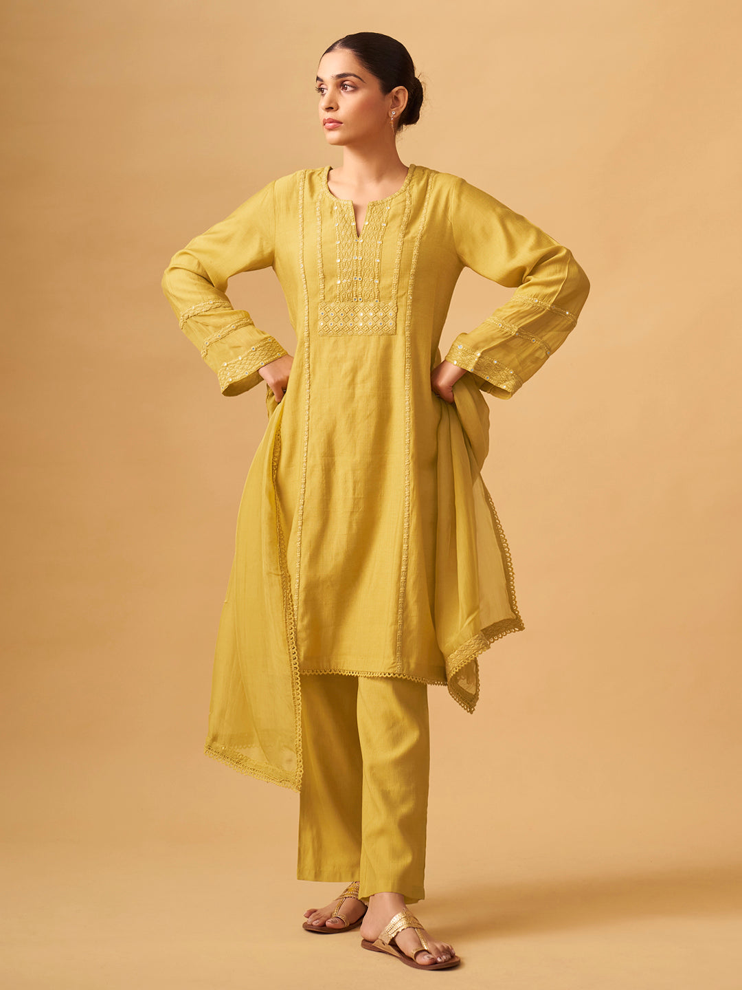 Sunlit Mustard Viscose Blend Kurta Set with Sheer Organza Dupatta