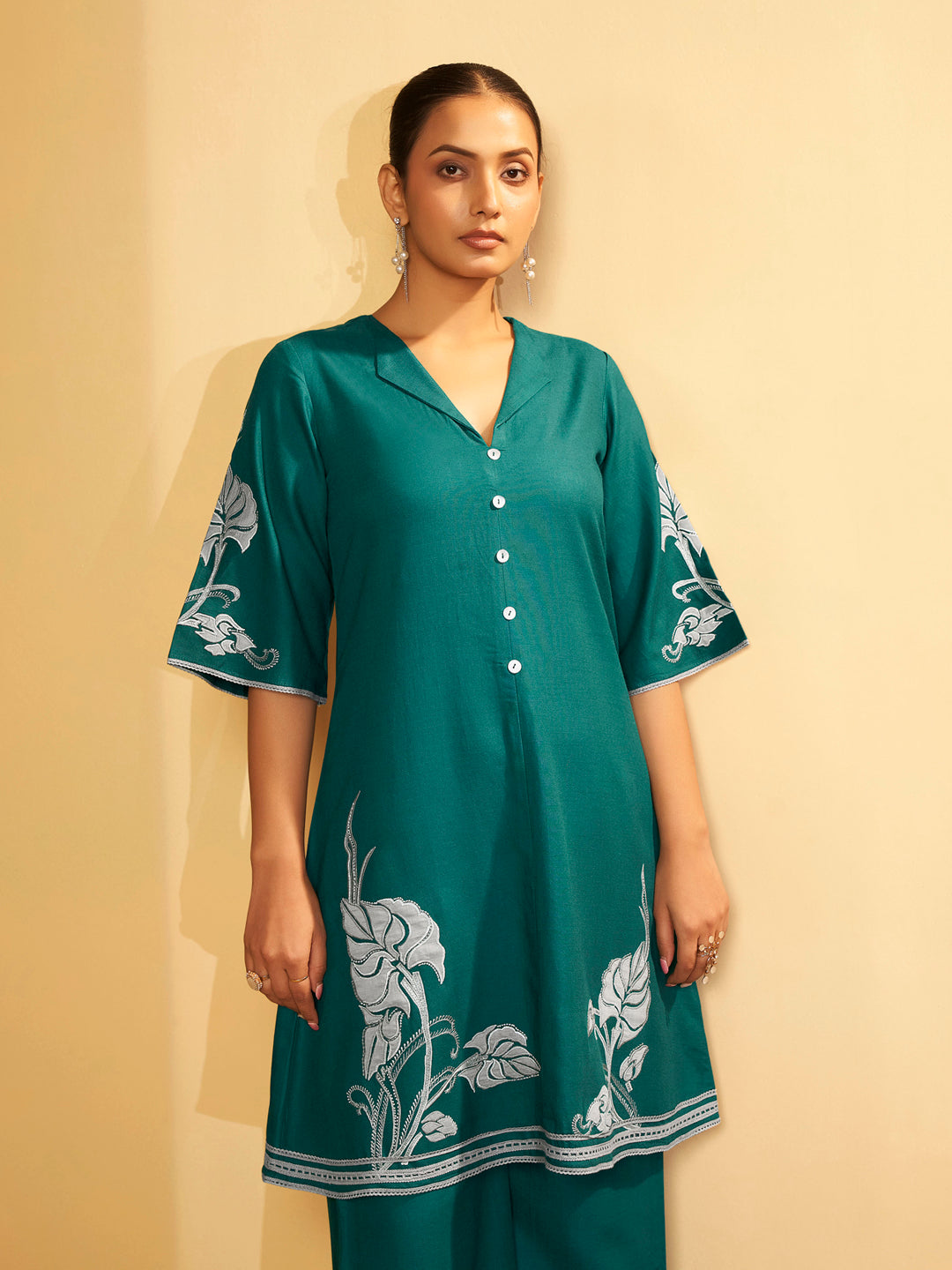 Emerald Green Floral Embroidered Cotton Kurta Set