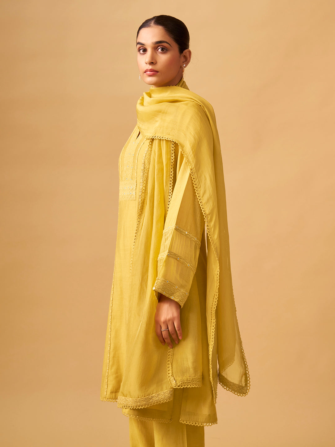 Sunlit Mustard Viscose Blend Kurta Set with Sheer Organza Dupatta