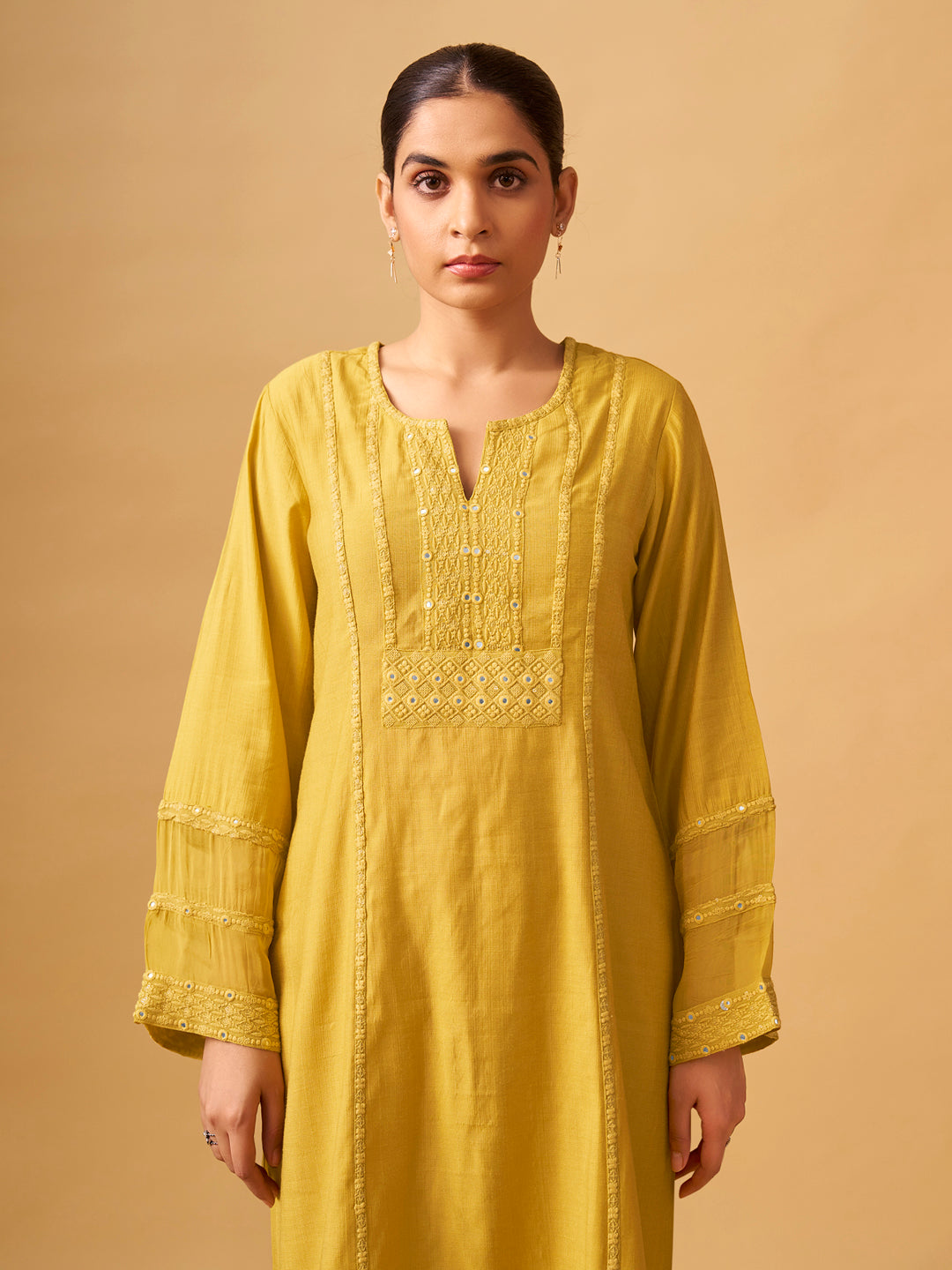 Sunlit Mustard Viscose Blend Kurta Set with Sheer Organza Dupatta