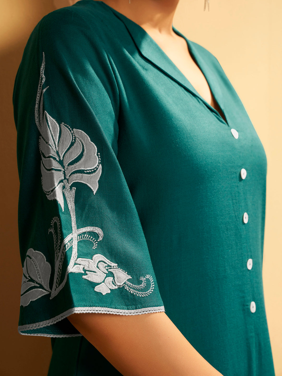 Emerald Green Floral Embroidered Cotton Kurta Set