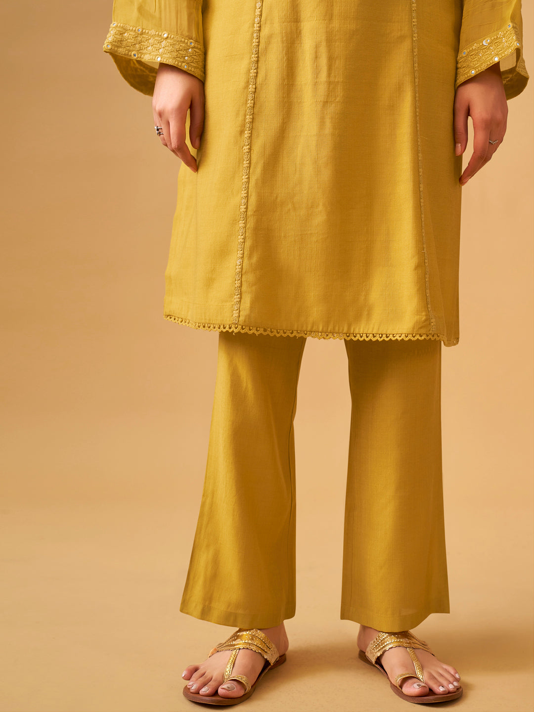 Sunlit Mustard Viscose Blend Kurta Set with Sheer Organza Dupatta