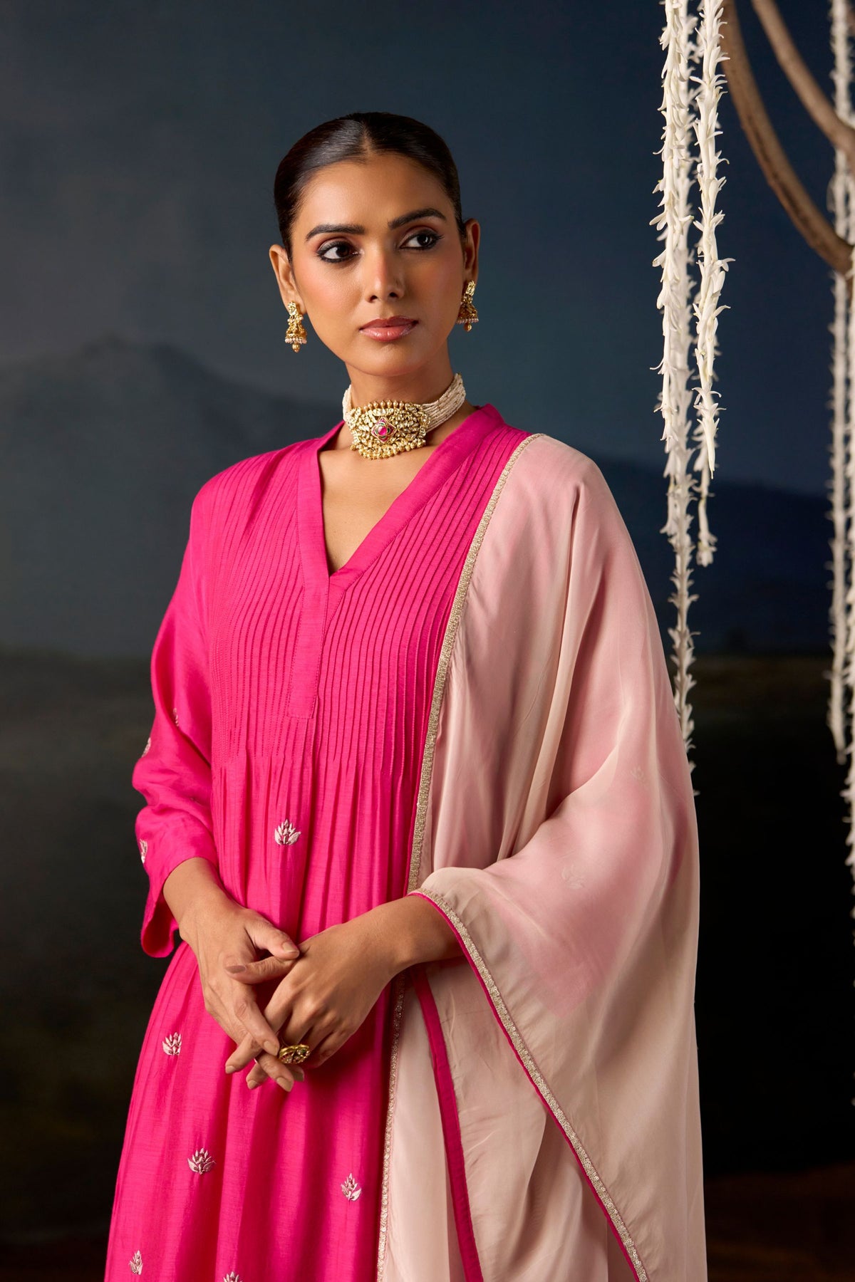 Rani Pink Lotus Booti Anarkali Suit Set with Dupatta