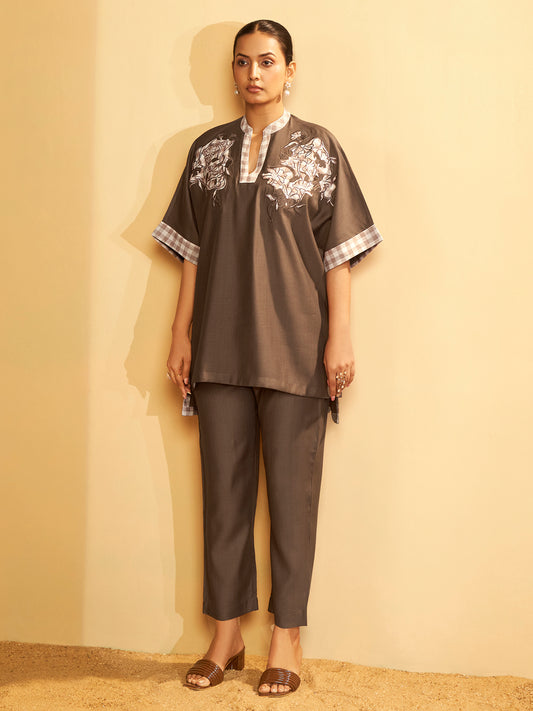 Chocolate Brown Embroidered V-Neck Co-ord Set