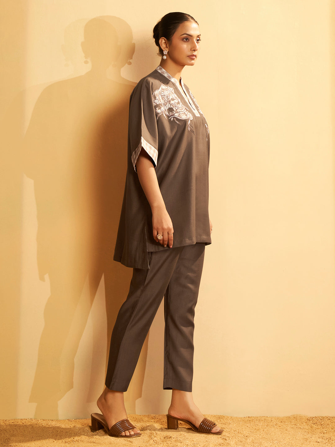 Chocolate Brown Embroidered V-Neck Co-ord Set