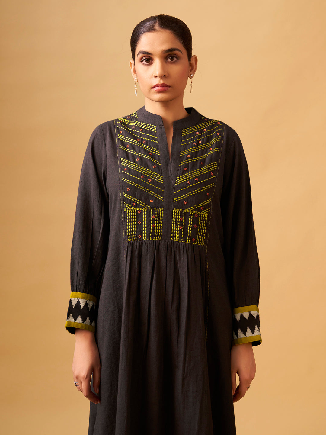 Coffee  Embroidered Cotton Kurta Set with Printed Dupatta