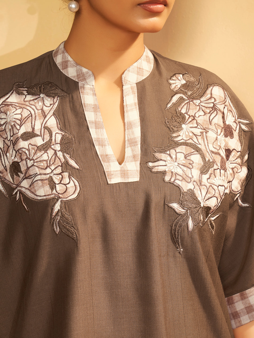 Chocolate Brown Embroidered V-Neck Co-ord Set