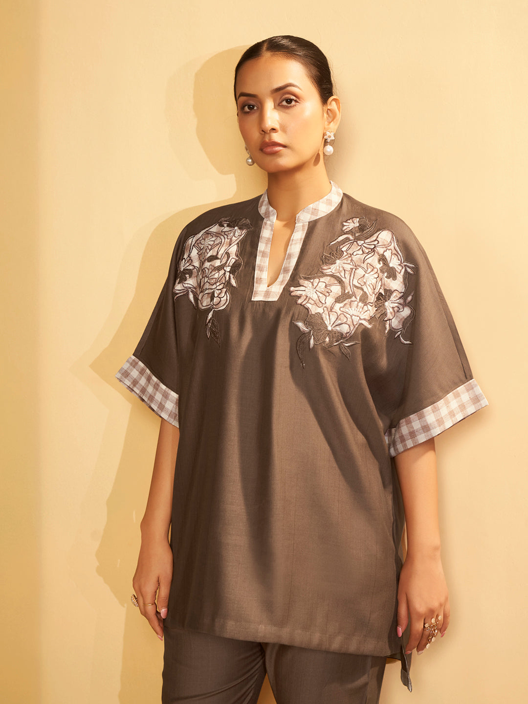 Chocolate Brown Embroidered V-Neck Co-ord Set