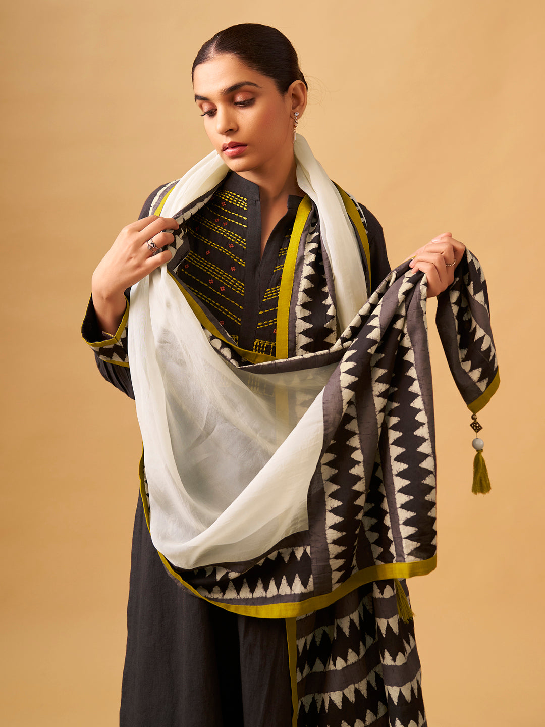 Coffee  Embroidered Cotton Kurta Set with Printed Dupatta