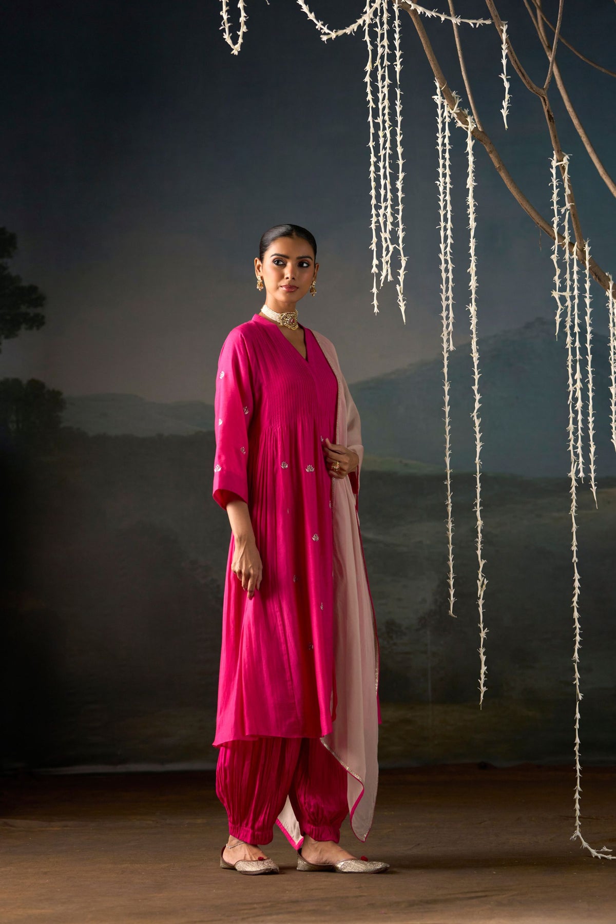 Rani Pink Lotus Booti Anarkali Suit Set with Dupatta