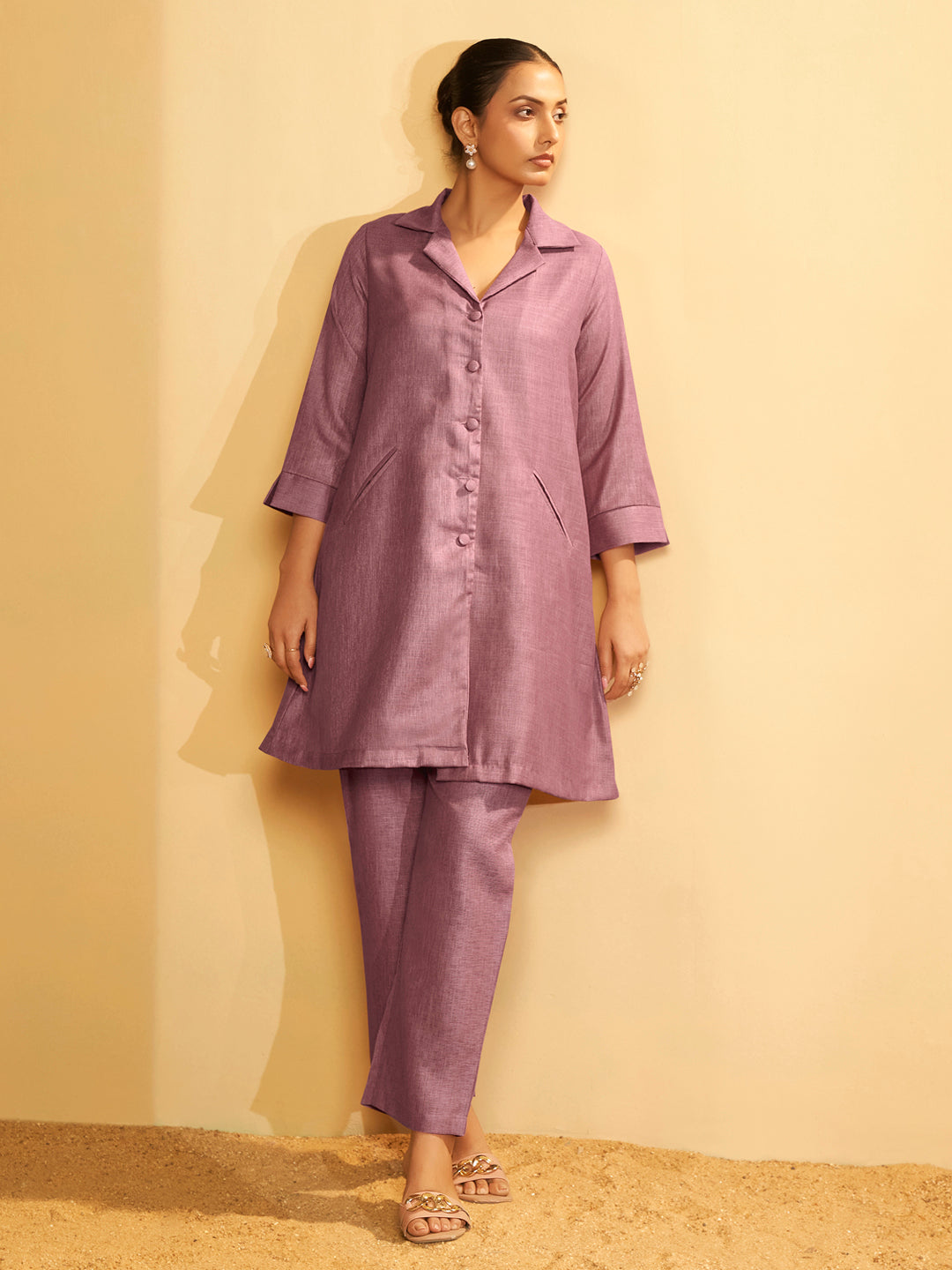 Mauve Button-Down Flared Kurta Set