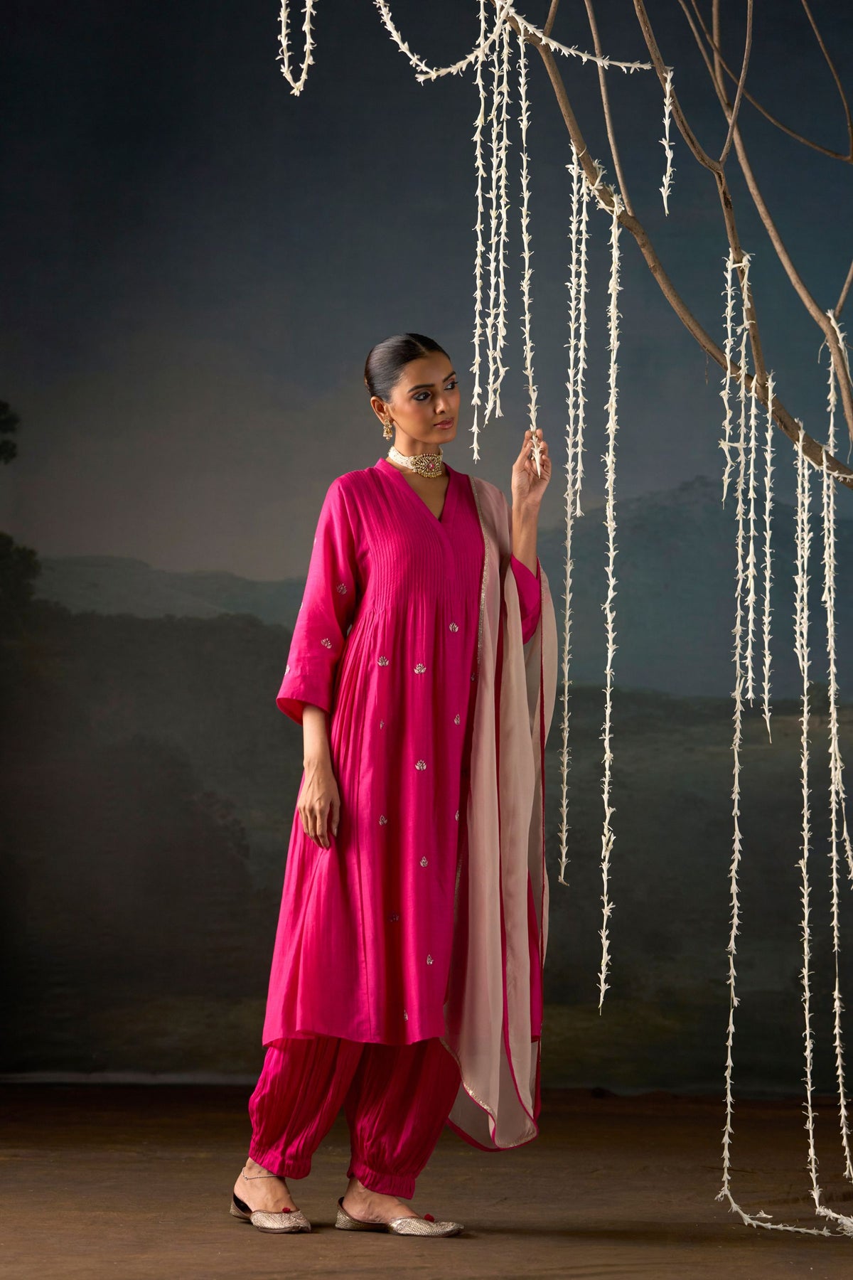 Rani Pink Lotus Booti Anarkali Suit Set with Dupatta