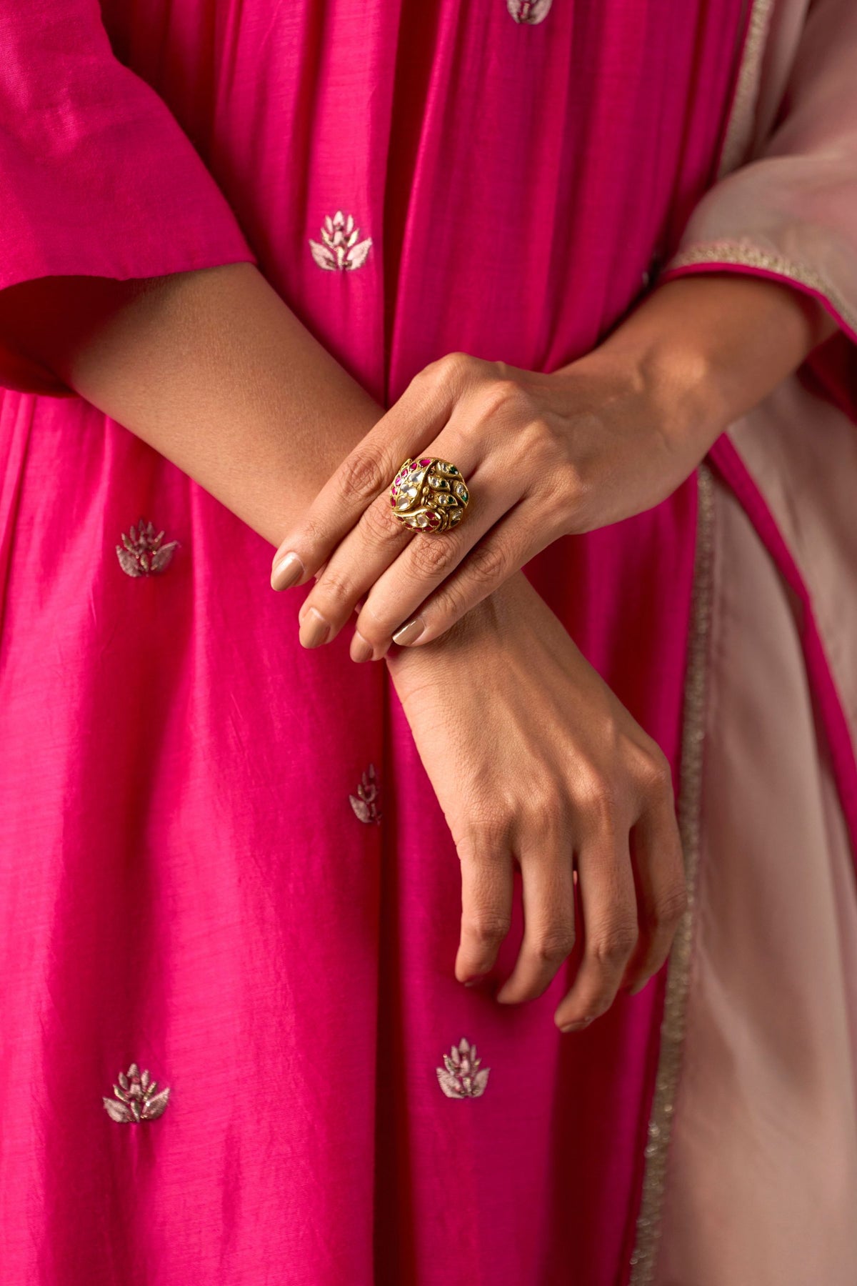 Rani Pink Lotus Booti Anarkali Suit Set with Dupatta