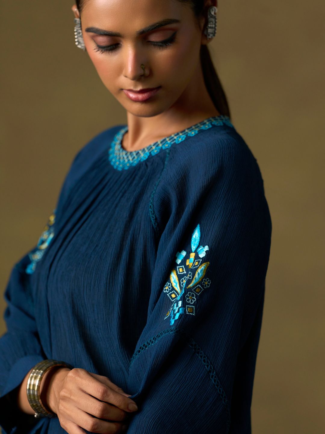 Indigo Embroidered Co-ord Set with Dhoti Pants
