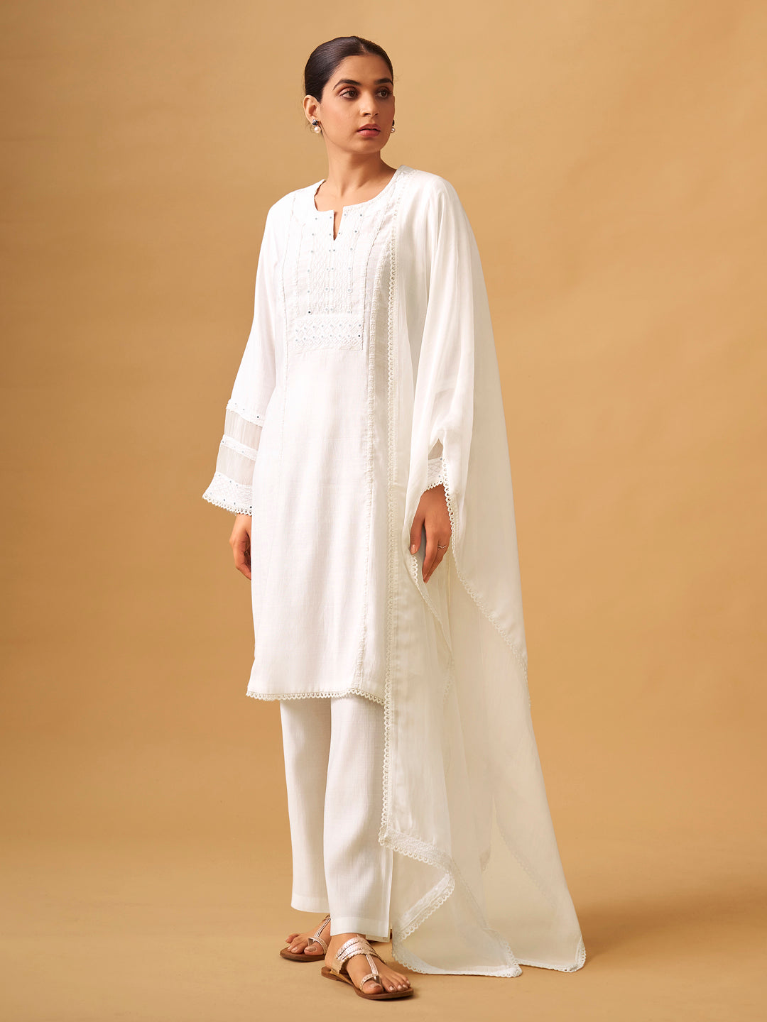 Classic White Viscose Blend Kurta Set with Organza Dupatta