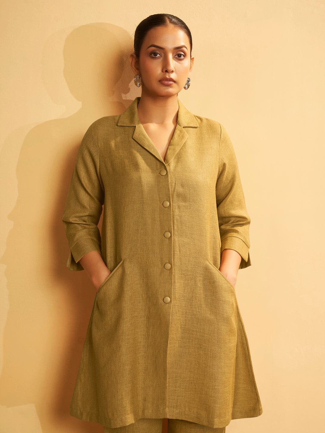 Mustard Linen Blend Button-Down Kurta Set