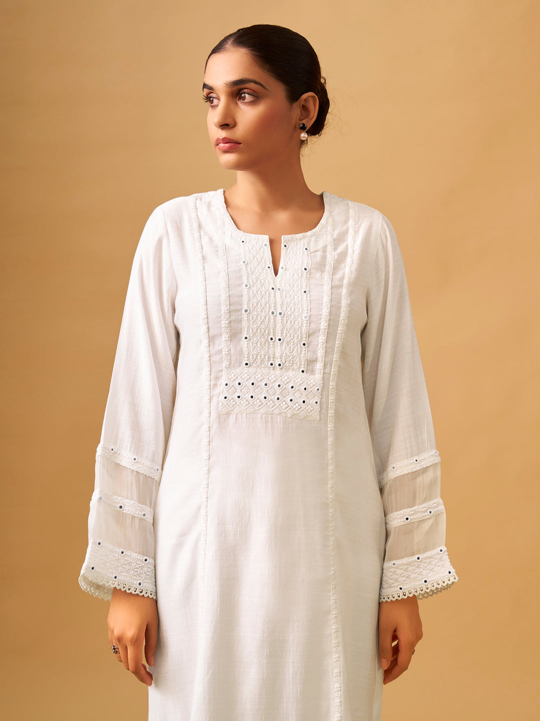 Classic White Viscose Blend Kurta Set with Organza Dupatta