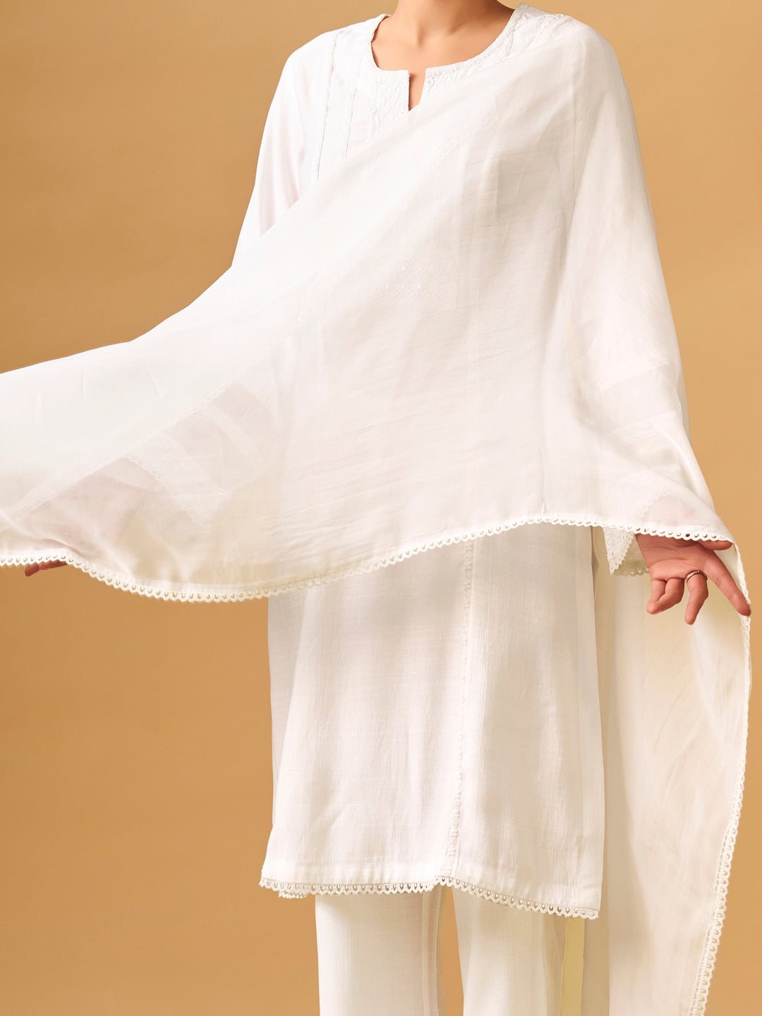 Classic White Viscose Blend Kurta Set with Organza Dupatta