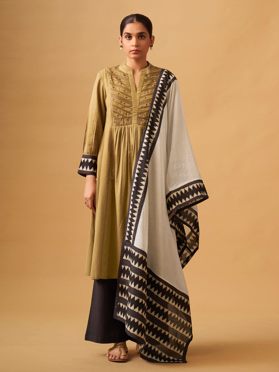 Mustard Cotton Suit  Set with Embroidered Yoke & Printed Dupatta