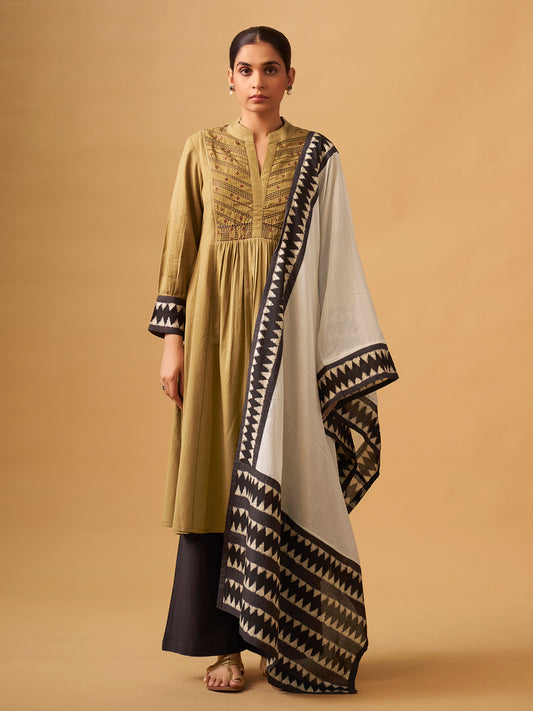 Mustard Cotton Suit  Set with Embroidered Yoke & Printed Dupatta