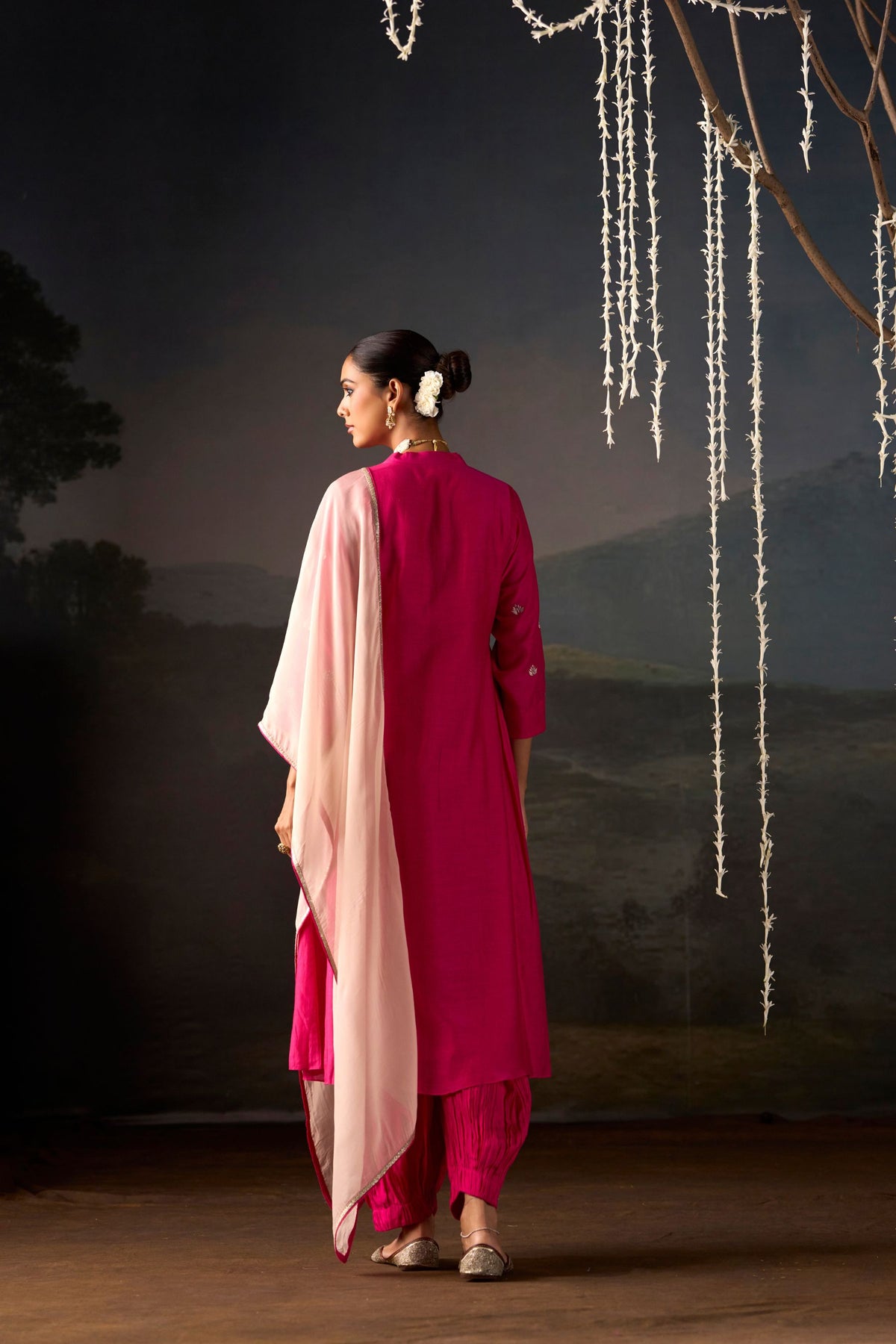 Rani Pink Lotus Booti Anarkali Suit Set with Dupatta