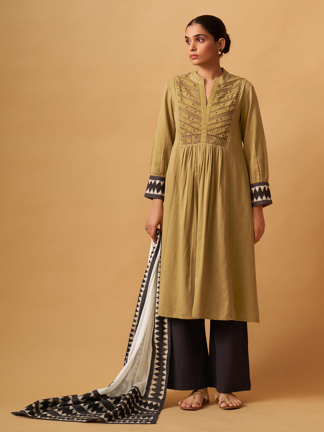 Mustard Cotton Suit  Set with Embroidered Yoke & Printed Dupatta