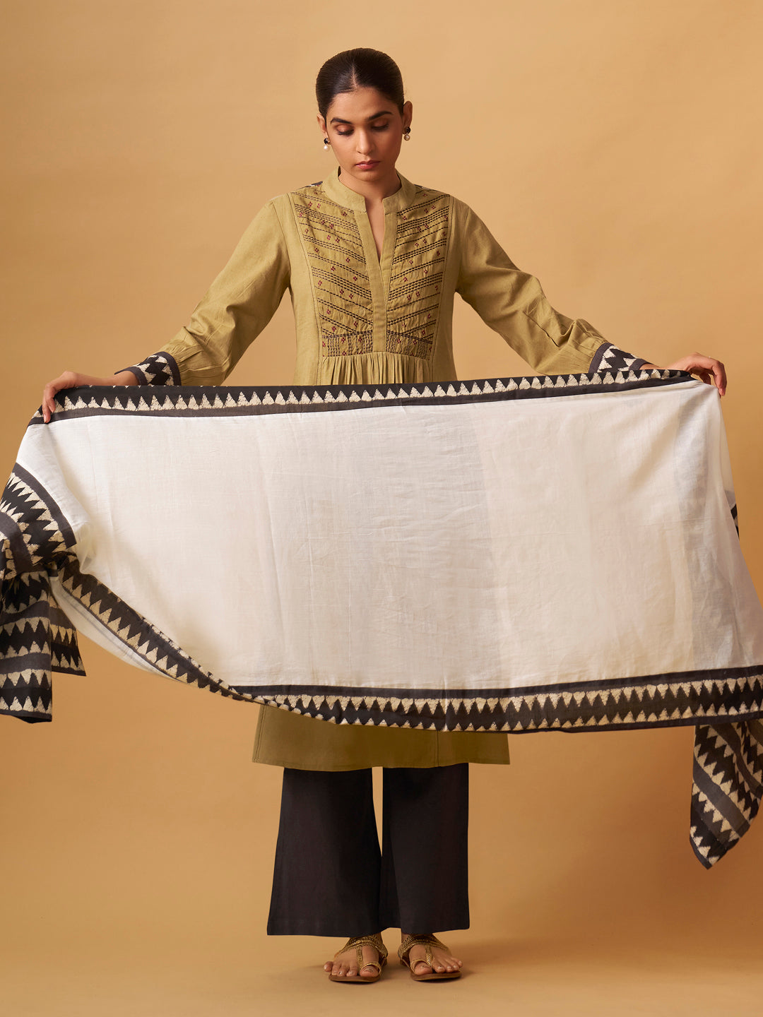 Mustard Cotton Suit  Set with Embroidered Yoke & Printed Dupatta