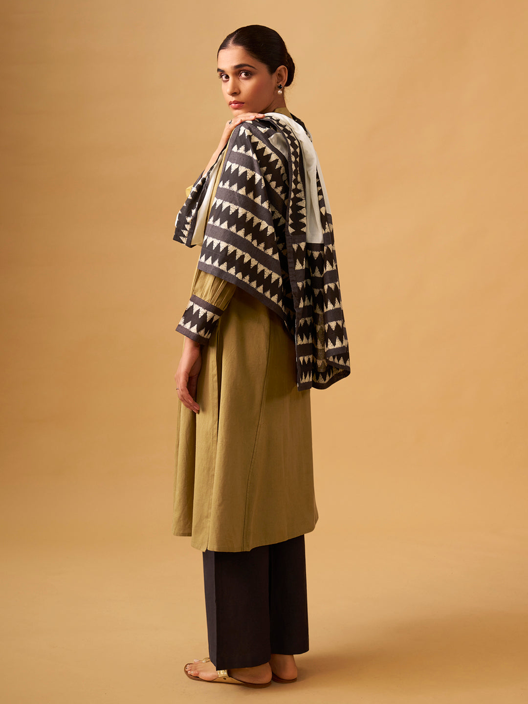 Mustard Cotton Suit  Set with Embroidered Yoke & Printed Dupatta