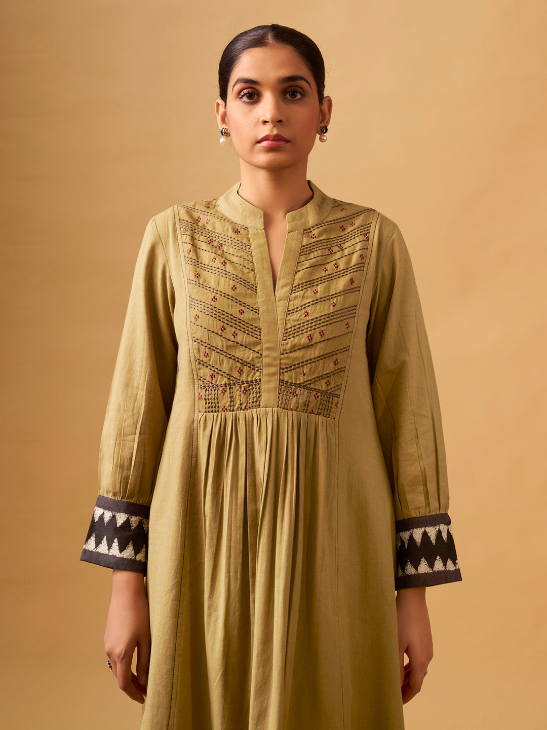 Mustard Cotton Suit  Set with Embroidered Yoke & Printed Dupatta