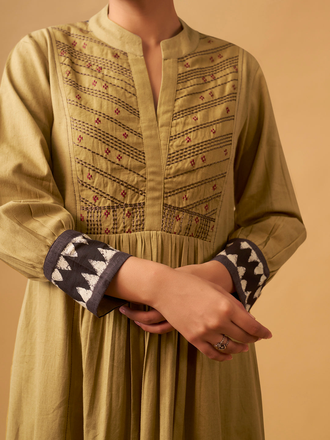 Mustard Cotton Suit  Set with Embroidered Yoke & Printed Dupatta