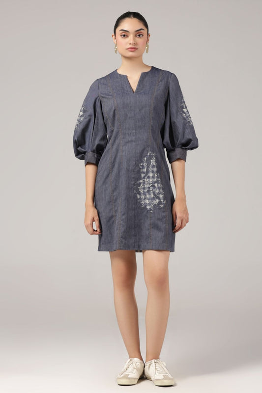 Denim Blue Embroidered Puff Sleeve Short Dress